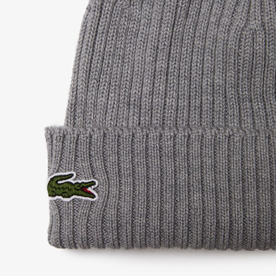 Vetements Lacoste Bonnets Et Echarpes | Bonnet Unisexe En Laine Cotelee Gris Chine/Yrd