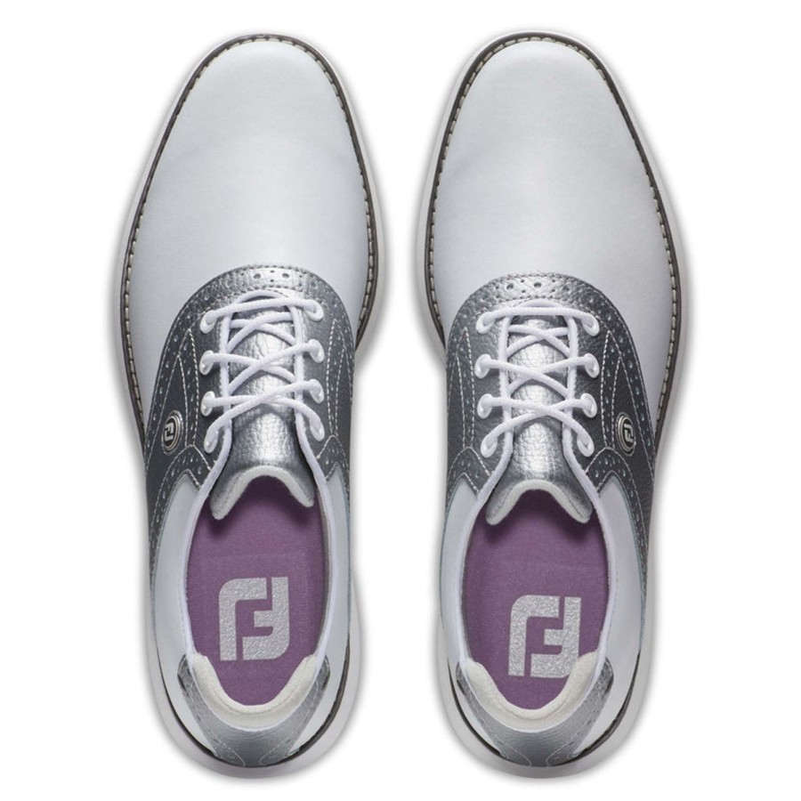 Chaussures FootJoy Chaussures De Golf Femme | Fj Tradition Spikeless 97990 Blanc/Argent Femme